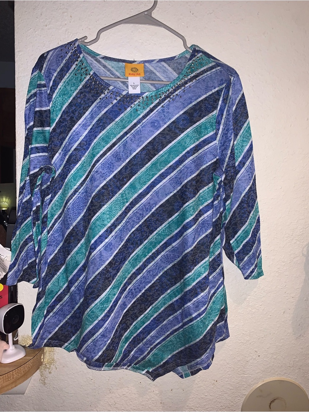 Ruby Rd. Blue and Teal Diagonal Stripe 3/4 Sleeve Top